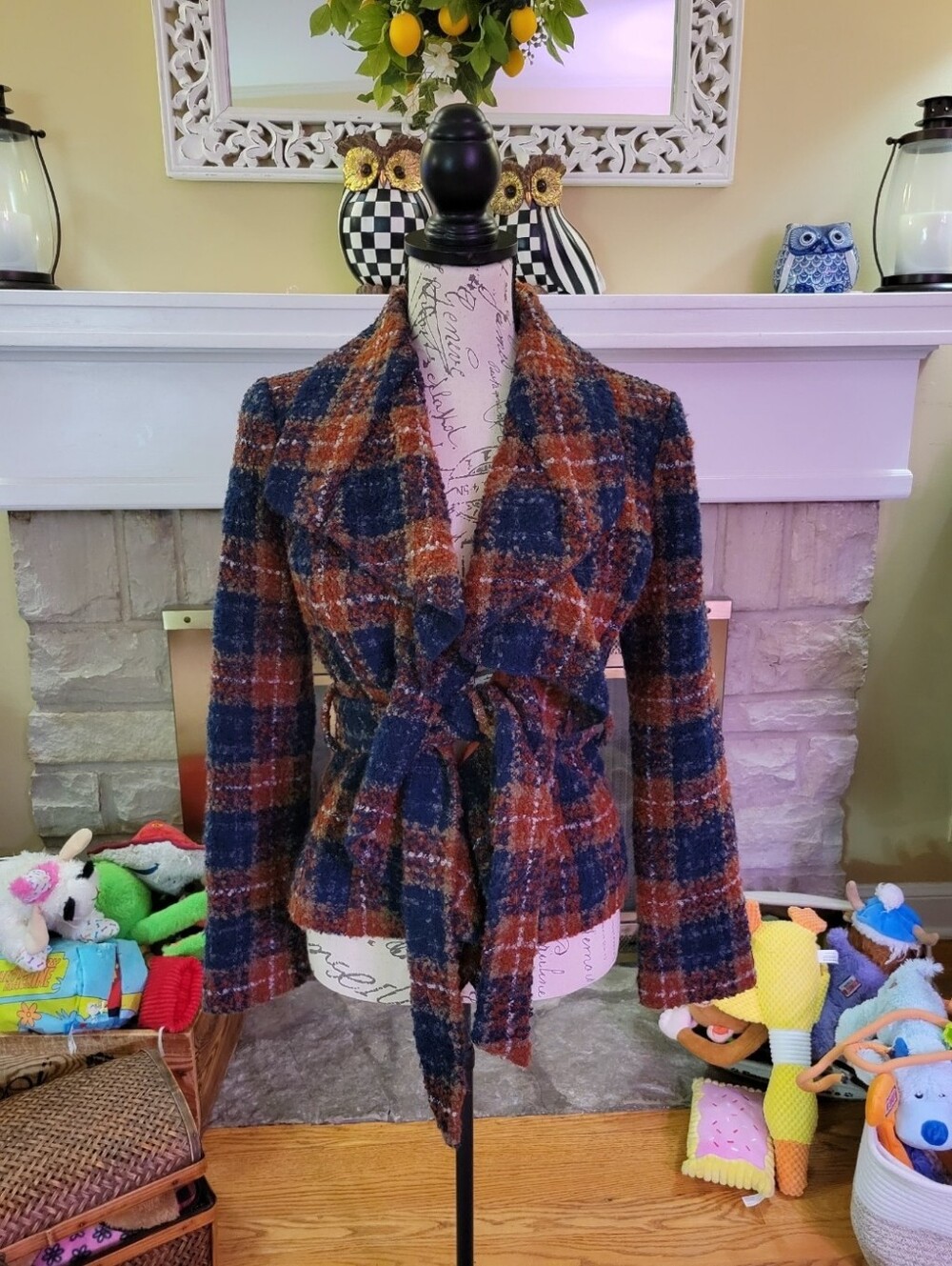 Tabitha Plaid Bouclé Belted Jacket in Navy & Rust